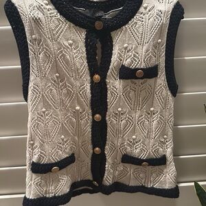 Zara Cream Knit Sleeveless Cardigan with Black Trim and Gold Buttons